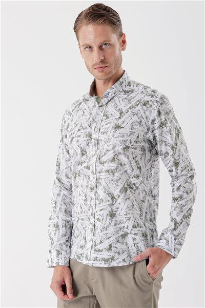 Beyaz Uzun Kollu Baskılı Bez Ayağı Cepsiz Garnili Klasik Slim Fit Dar Kesim Gömlek 1004230229