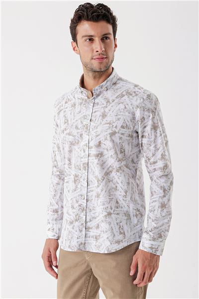 Uzun Kollu Baskılı Bez Ayağı Cepsiz Garnili Klasik Slim Fit Dar Kesim Gömlek 1004230229