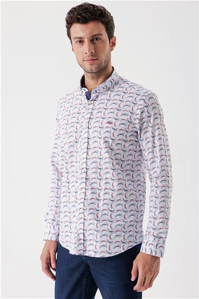 Ekru Uzun Kollu Baskılı Bez Ayağı Cepsiz Garnili Klasik Slim Fit Dar Kesim Gömlek 1004230228