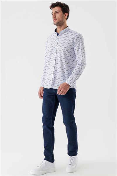 Uzun Kollu Baskılı Bez Ayağı Cepsiz Garnili Klasik Slim Fit Dar Kesim Gömlek 1004230228