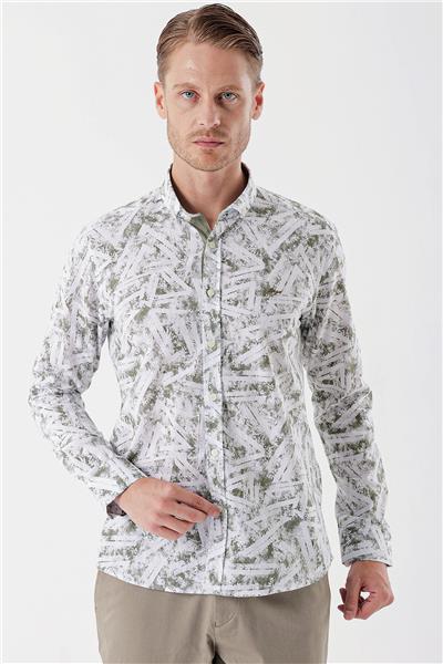 Beyaz Uzun Kollu Baskılı Bez Ayağı Cepsiz Garnili Klasik Slim Fit Dar Kesim Gömlek 1004230229