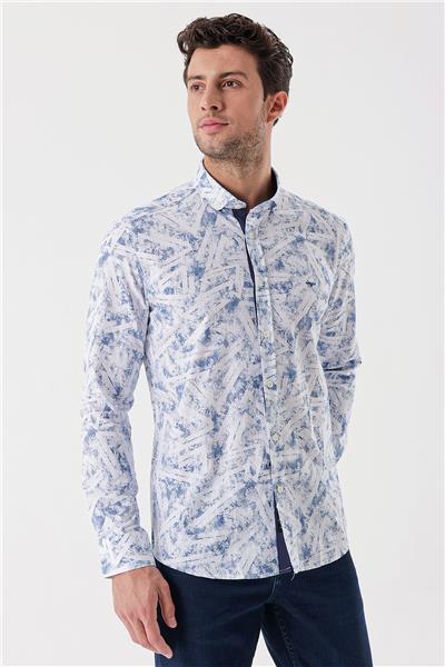 Uzun Kollu Baskılı Bez Ayağı Cepsiz Garnili Klasik Slim Fit Dar Kesim Gömlek 1004230229