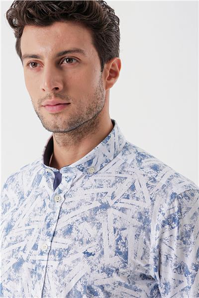 Uzun Kollu Baskılı Bez Ayağı Cepsiz Garnili Klasik Slim Fit Dar Kesim Gömlek 1004230229