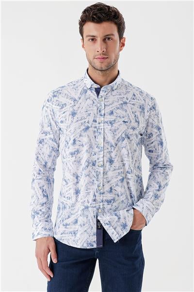 Uzun Kollu Baskılı Bez Ayağı Cepsiz Garnili Klasik Slim Fit Dar Kesim Gömlek 1004230229