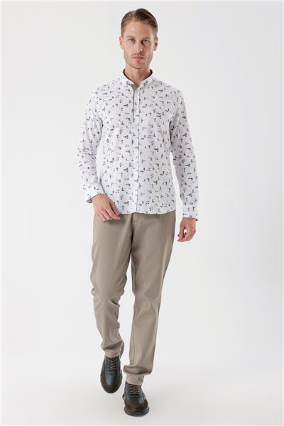 Beyaz Uzun Kollu Baskılı Bez Ayağı Cepsiz Garnili Klasik Slim Fit Dar Kesim Gömlek 1004230230