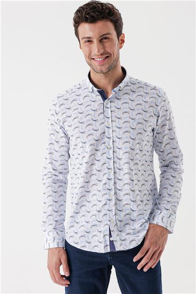 Uzun Kollu Baskılı Bez Ayağı Cepsiz Garnili Klasik Slim Fit Dar Kesim Gömlek 1004230228