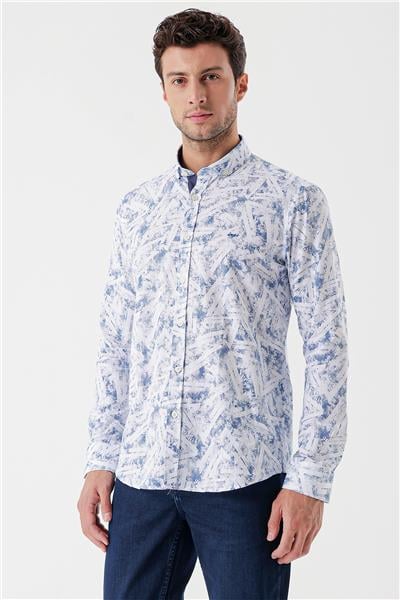 Uzun Kollu Baskılı Bez Ayağı Cepsiz Garnili Klasik Slim Fit Dar Kesim Gömlek 1004230229