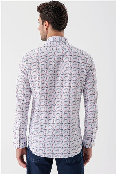 Ekru Uzun Kollu Baskılı Bez Ayağı Cepsiz Garnili Klasik Slim Fit Dar Kesim Gömlek 1004230228