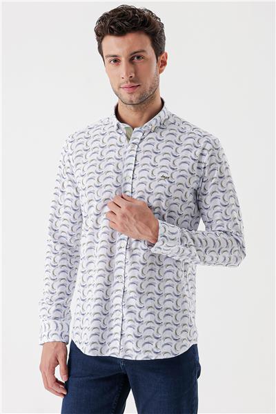 Uzun Kollu Baskılı Bez Ayağı Cepsiz Garnili Klasik Slim Fit Dar Kesim Gömlek 1004230228