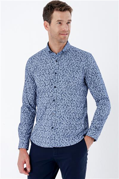 Lacivert Uzun Kollu Baskılı Bez Ayağı Cepsiz Pamuklu Likralı Klasik Slim Fit Gömlek 1004235208