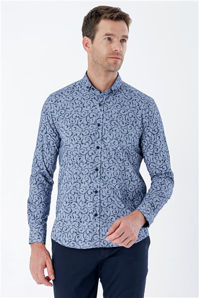 Lacivert Uzun Kollu Baskılı Bez Ayağı Cepsiz Pamuklu Likralı Klasik Slim Fit Gömlek 1004235208
