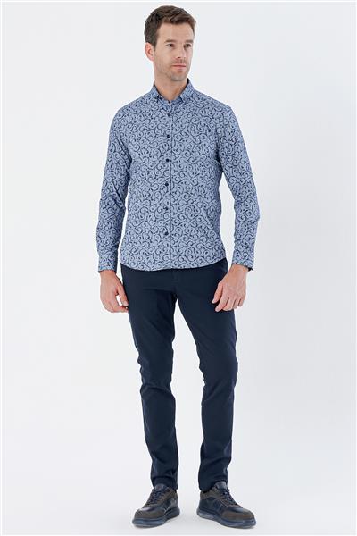 Lacivert Uzun Kollu Baskılı Bez Ayağı Cepsiz Pamuklu Likralı Klasik Slim Fit Gömlek 1004235208