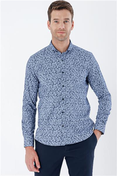 Lacivert Uzun Kollu Baskılı Bez Ayağı Cepsiz Pamuklu Likralı Klasik Slim Fit Gömlek 1004235208