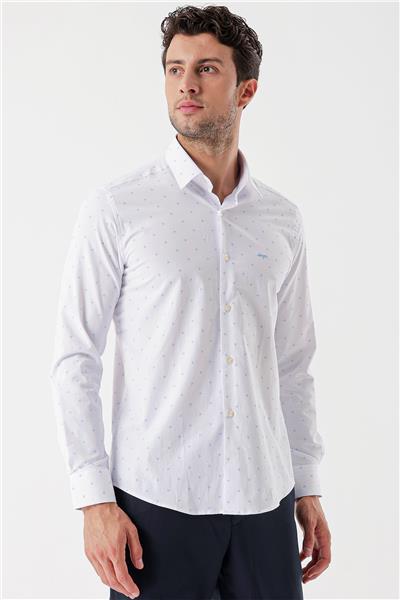 Beyaz Uzun Kollu Baskılı Bez Ayağı Sert Yaka Cepsiz Garnili Klasik Slim Fit Gömlek 1004235106