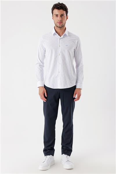 Beyaz Uzun Kollu Baskılı Bez Ayağı Sert Yaka Cepsiz Garnili Klasik Slim Fit Gömlek 1004235106