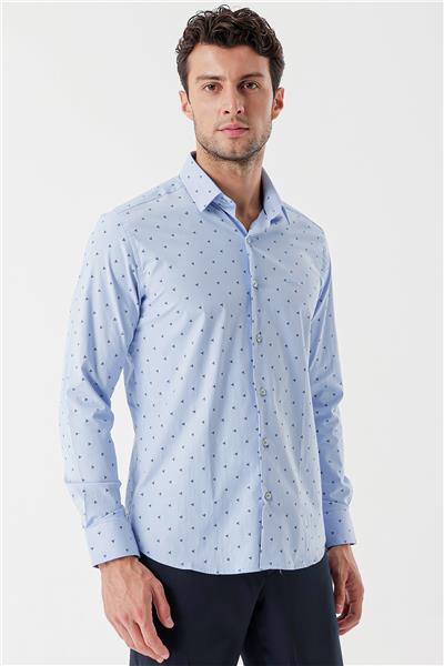 Koyu Mavi Uzun Kollu Baskılı Bez Ayağı Sert Yaka Cepsiz Garnili Klasik Slim Fit Gömlek 1004235106