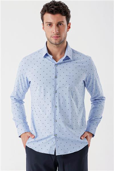 Koyu Mavi Uzun Kollu Baskılı Bez Ayağı Sert Yaka Cepsiz Garnili Klasik Slim Fit Gömlek 1004235106