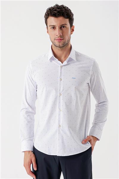 Beyaz Uzun Kollu Baskılı Bez Ayağı Sert Yaka Cepsiz Garnili Klasik Slim Fit Gömlek 1004235106