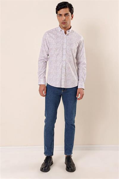 Koyu Mavi Uzun Kollu Baskılı Cepsiz Pamuklu Likralı Casual Slim Fit Dar Kesim Gömlek 1004230136