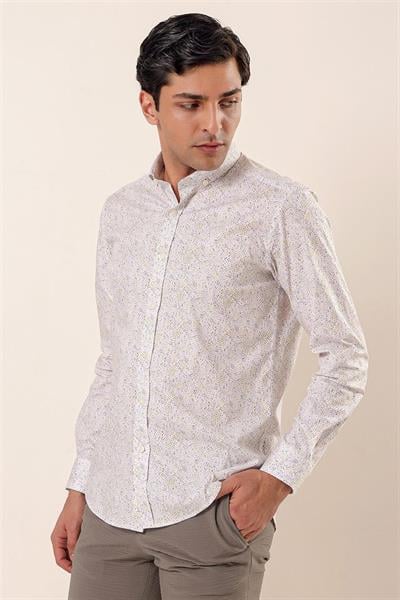Sarı Uzun Kollu Baskılı Cepsiz Pamuklu Likralı Casual Slim Fit Dar Kesim Gömlek 1004230136