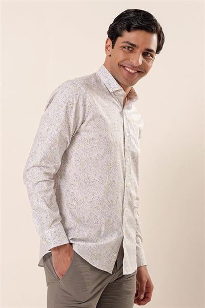 Sarı Uzun Kollu Baskılı Cepsiz Pamuklu Likralı Casual Slim Fit Dar Kesim Gömlek 1004230136