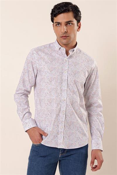 Koyu Mavi Uzun Kollu Baskılı Cepsiz Pamuklu Likralı Casual Slim Fit Dar Kesim Gömlek 1004230136