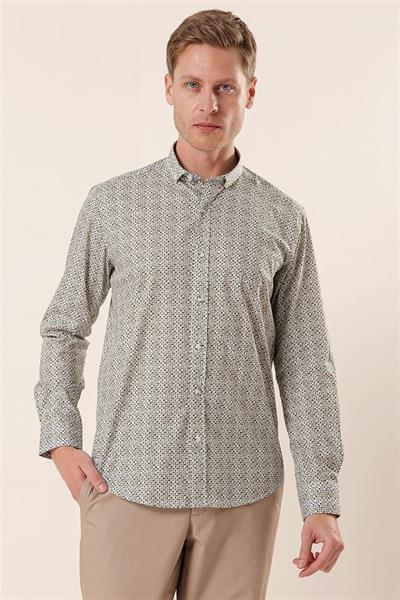 Beyaz Uzun Kollu Baskılı Cepsiz Pamuklu Likralı Casual Slim Fit Dar Kesim Gömlek 1004230134