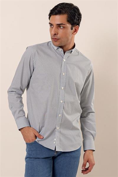 Beyaz Uzun Kollu Baskılı Cepsiz Pamuklu Likralı Casual Slim Fit Dar Kesim Gömlek 1004230120