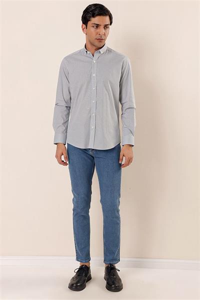 Beyaz Uzun Kollu Baskılı Cepsiz Pamuklu Likralı Casual Slim Fit Dar Kesim Gömlek 1004230120