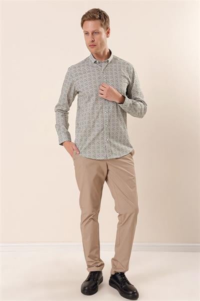 Beyaz Uzun Kollu Baskılı Cepsiz Pamuklu Likralı Casual Slim Fit Dar Kesim Gömlek 1004230134
