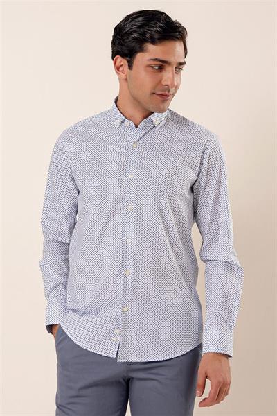 Koyu Lacivert Uzun Kollu Baskılı Cepsiz Pamuklu Likralı Klasik Slim Fit Dar Kesim Gömlek 1004230115