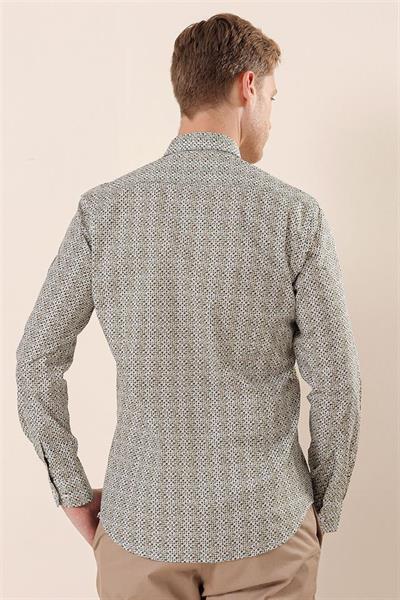 Beyaz Uzun Kollu Baskılı Cepsiz Pamuklu Likralı Casual Slim Fit Dar Kesim Gömlek 1004230134