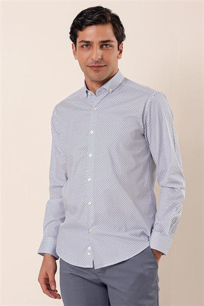 Koyu Lacivert Uzun Kollu Baskılı Cepsiz Pamuklu Likralı Klasik Slim Fit Dar Kesim Gömlek 1004230115
