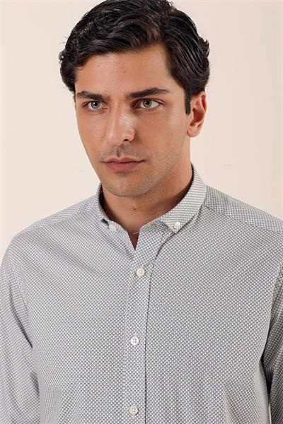 Beyaz Uzun Kollu Baskılı Cepsiz Pamuklu Likralı Casual Slim Fit Dar Kesim Gömlek 1004230120