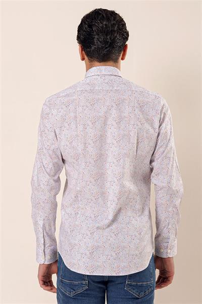 Koyu Mavi Uzun Kollu Baskılı Cepsiz Pamuklu Likralı Casual Slim Fit Dar Kesim Gömlek 1004230136