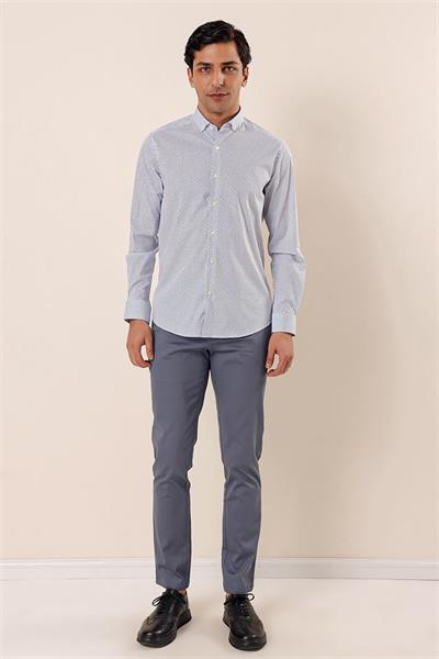 Koyu Lacivert Uzun Kollu Baskılı Cepsiz Pamuklu Likralı Klasik Slim Fit Dar Kesim Gömlek 1004230115