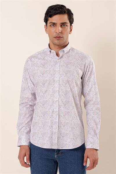 Koyu Mavi Uzun Kollu Baskılı Cepsiz Pamuklu Likralı Casual Slim Fit Dar Kesim Gömlek 1004230136