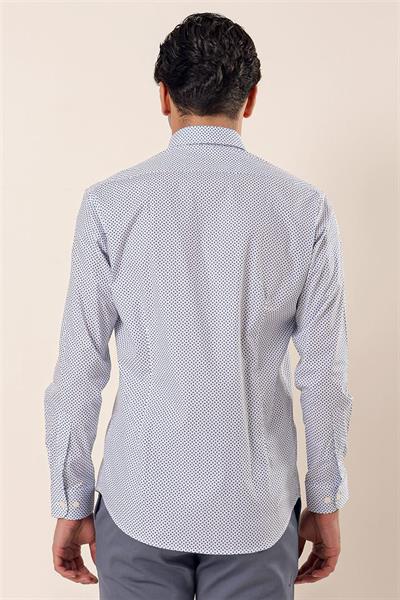 Koyu Lacivert Uzun Kollu Baskılı Cepsiz Pamuklu Likralı Klasik Slim Fit Dar Kesim Gömlek 1004230115