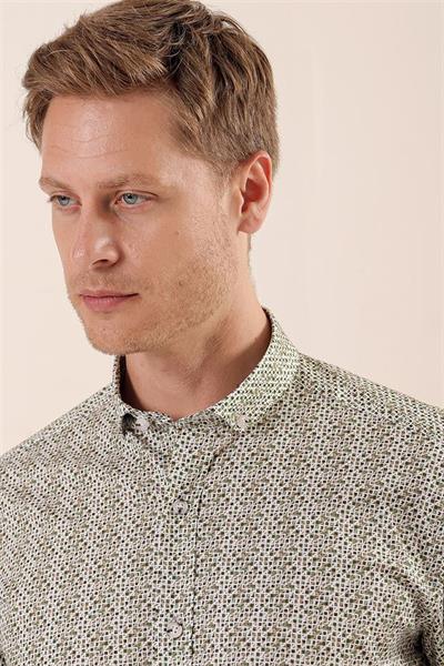 Beyaz Uzun Kollu Baskılı Cepsiz Pamuklu Likralı Casual Slim Fit Dar Kesim Gömlek 1004230134