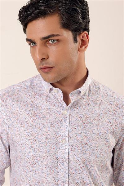 Koyu Mavi Uzun Kollu Baskılı Cepsiz Pamuklu Likralı Casual Slim Fit Dar Kesim Gömlek 1004230136