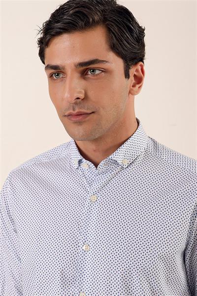 Koyu Lacivert Uzun Kollu Baskılı Cepsiz Pamuklu Likralı Klasik Slim Fit Dar Kesim Gömlek 1004230115