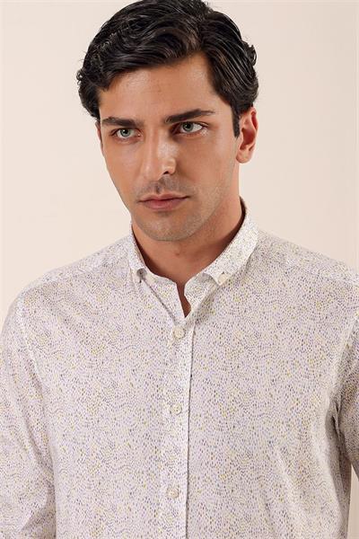 Sarı Uzun Kollu Baskılı Cepsiz Pamuklu Likralı Casual Slim Fit Dar Kesim Gömlek 1004230136