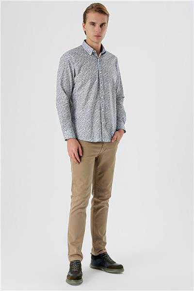 Uzun Kollu Baskılı Düğmeli Yaka Cepsiz Pamuklu Likralı Klasik Slim Fit Gömlek 1004235126