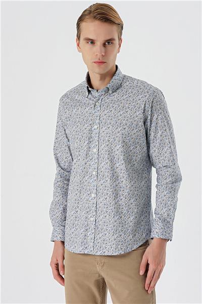 Uzun Kollu Baskılı Düğmeli Yaka Cepsiz Pamuklu Likralı Klasik Slim Fit Gömlek 1004235126