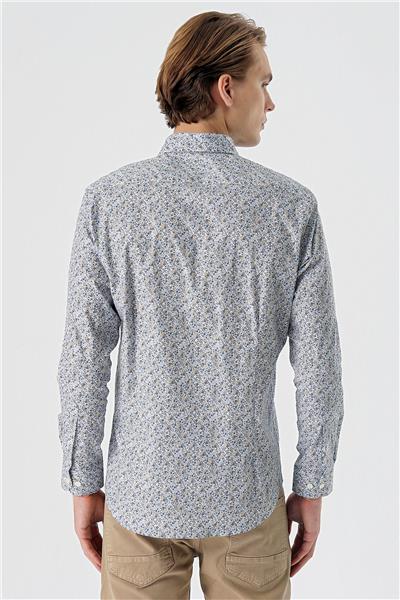 Uzun Kollu Baskılı Düğmeli Yaka Cepsiz Pamuklu Likralı Klasik Slim Fit Gömlek 1004235126