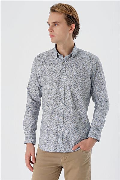 Uzun Kollu Baskılı Düğmeli Yaka Cepsiz Pamuklu Likralı Klasik Slim Fit Gömlek 1004235126