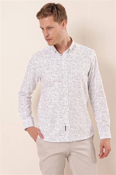 Beyaz Uzun Kollu Baskılı Oxford Cepsiz Pamuklu Klasik Slim Fit Dar Kesim Gömlek 1004230170