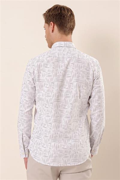 Beyaz Uzun Kollu Baskılı Oxford Cepsiz Pamuklu Klasik Slim Fit Dar Kesim Gömlek 1004230170