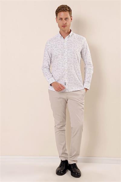 Beyaz Uzun Kollu Baskılı Oxford Cepsiz Pamuklu Klasik Slim Fit Dar Kesim Gömlek 1004230170