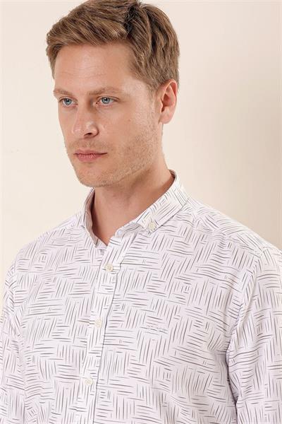Beyaz Uzun Kollu Baskılı Oxford Cepsiz Pamuklu Klasik Slim Fit Dar Kesim Gömlek 1004230170